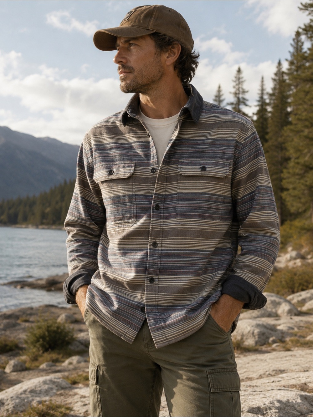 Swiss Tech Striped Shirt Mens Everyday/ Hiking/Granola / elevated basic